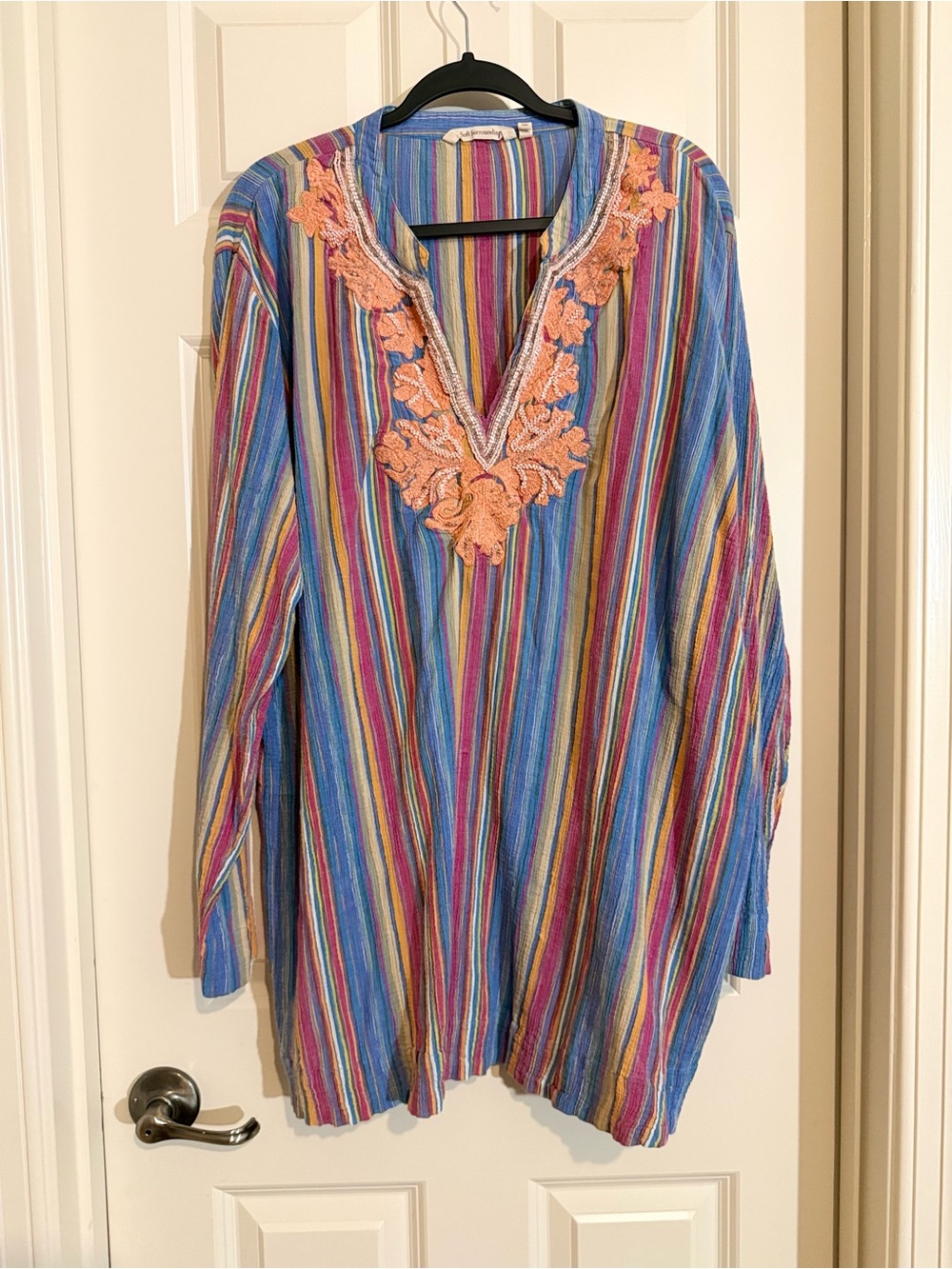 Soft Surroundings Striped Tunic with Peach Embroidery